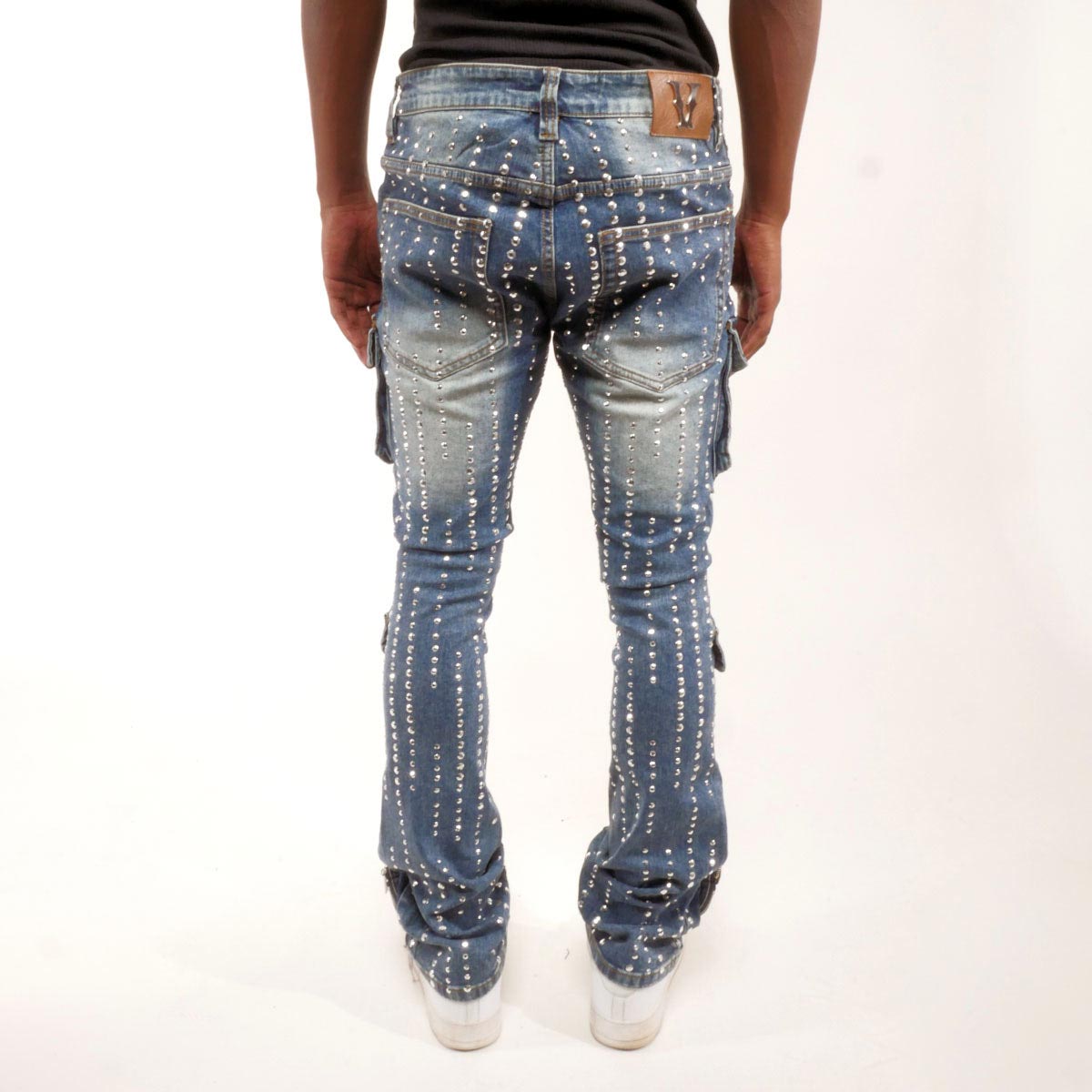 Silver studded muti cargo flare denim pant