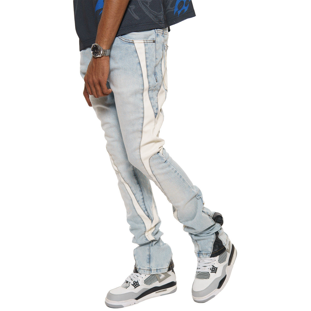 Stack denim w/ leather cut & sew details