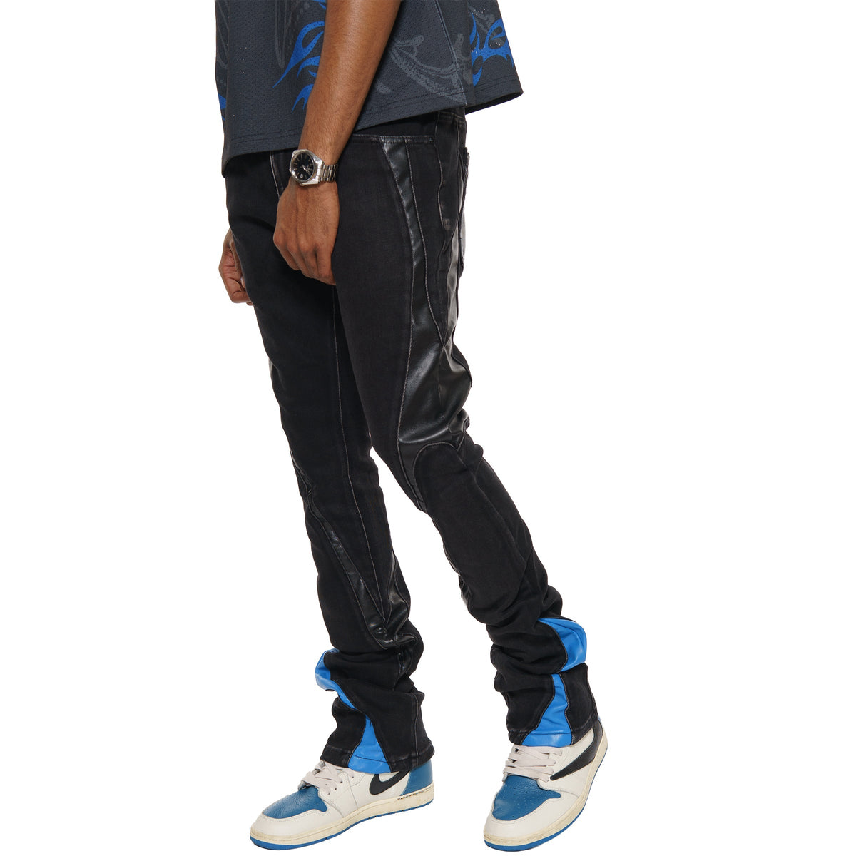 Stack denim w/ leather cut & sew details
