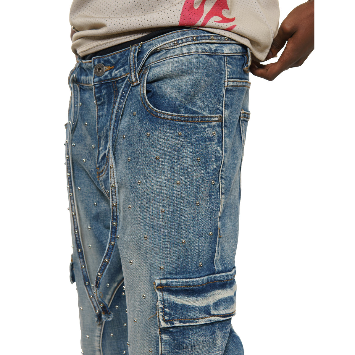 Pearl medium studded relaxed straight denim pant