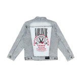 Denim jacket w/ suede cut & sew and pearl + gem stone details