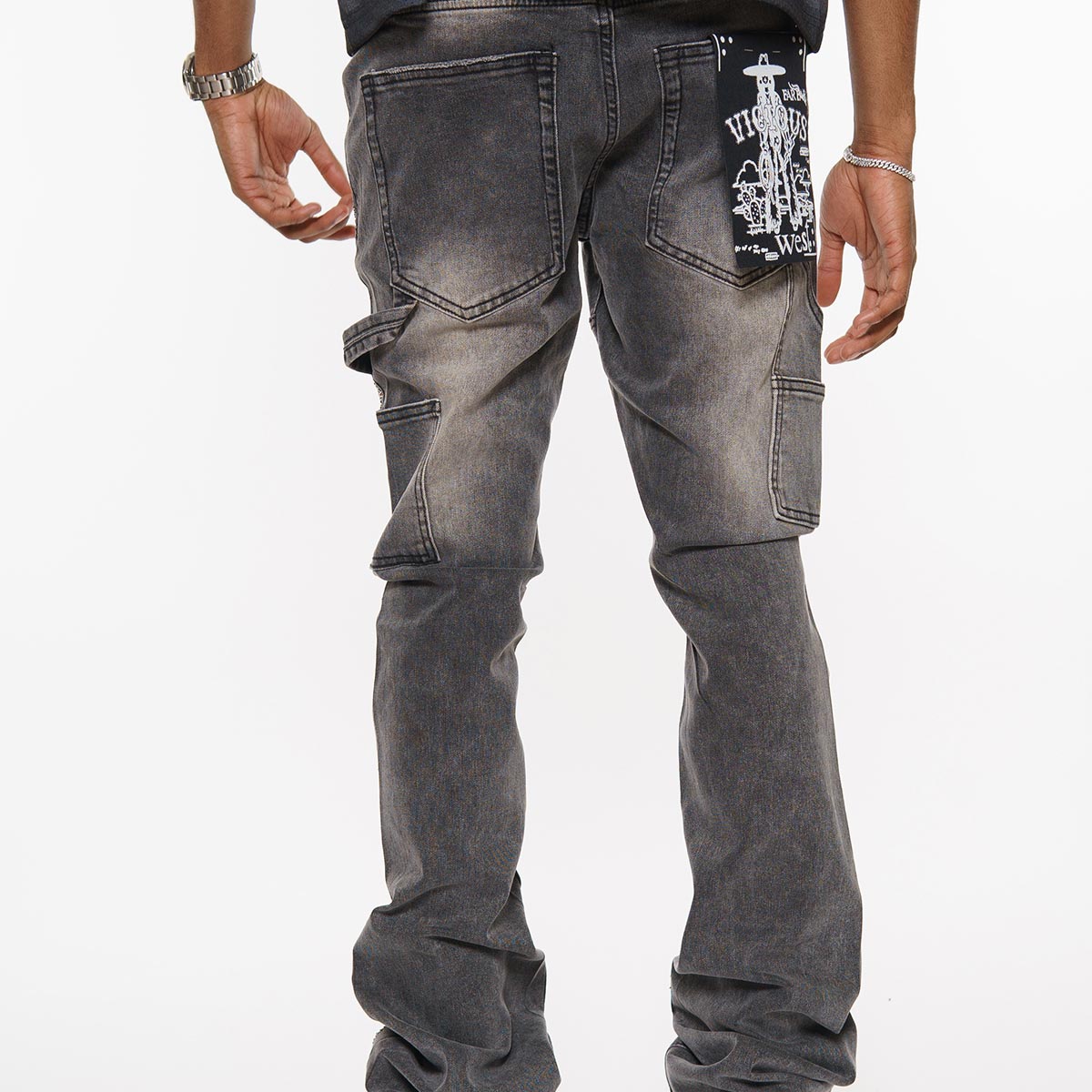 Carpenter flare denim pant w/ rhinestone details