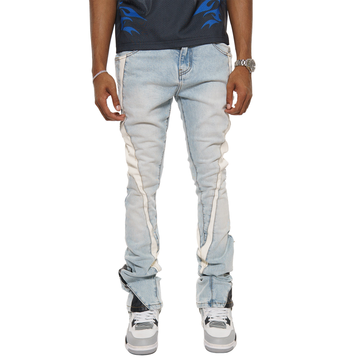 Stack denim w/ leather cut & sew details