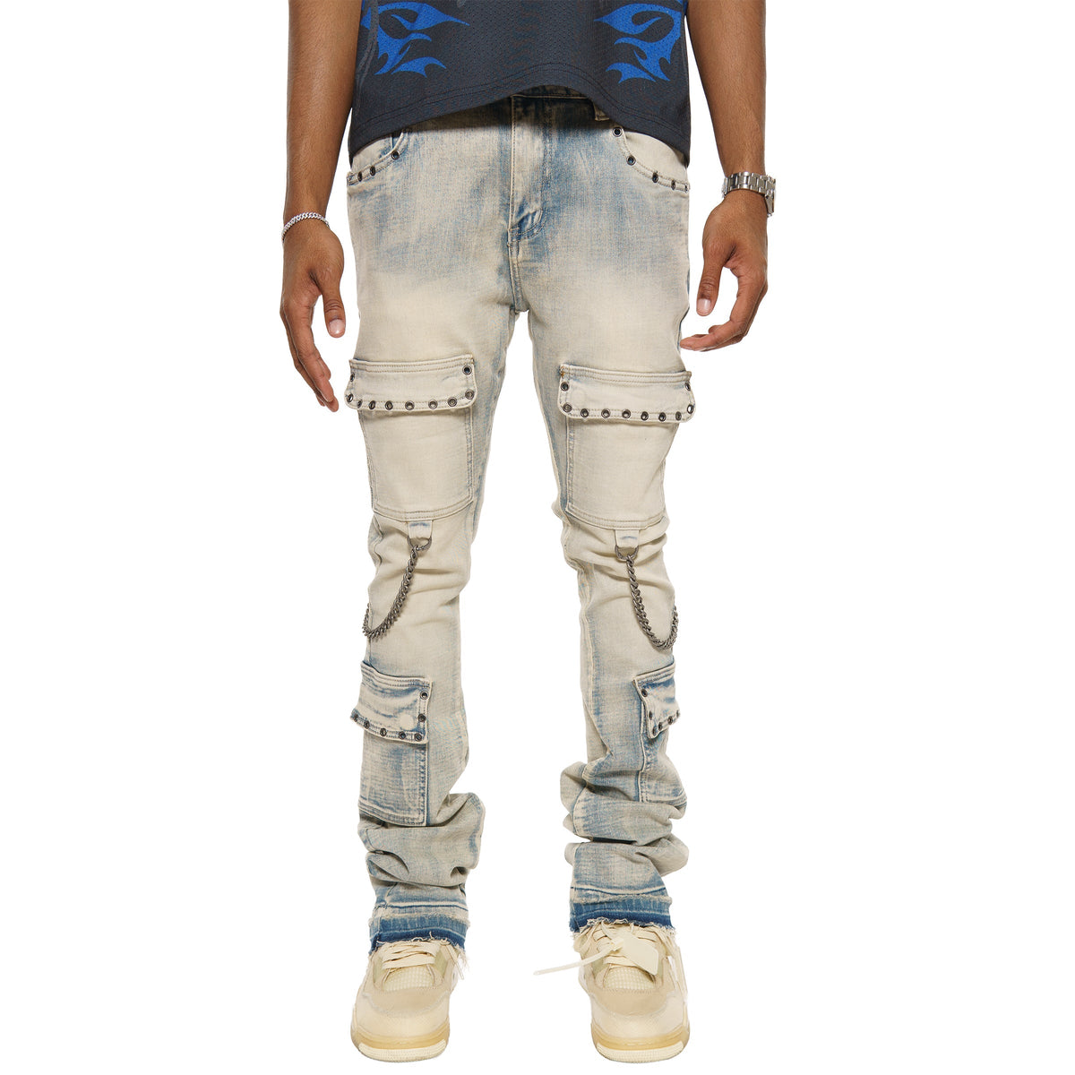 Flare fit denim pant w/ stone details + chains
