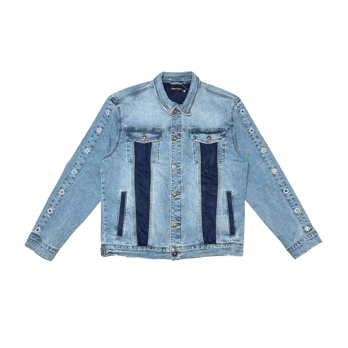 Denim jacket w/ suede cut & sew and pearl + gem stone details