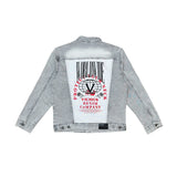 Denim jacket w/ suede cut & sew and pearl + gem stone details