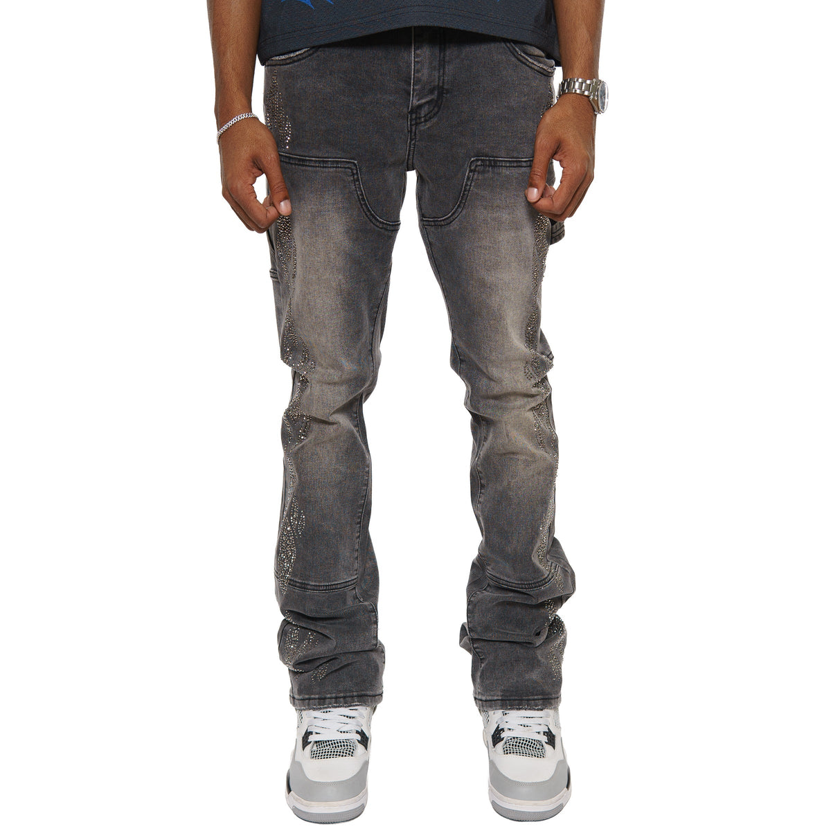Carpenter flare denim pant w/ rhinestone details