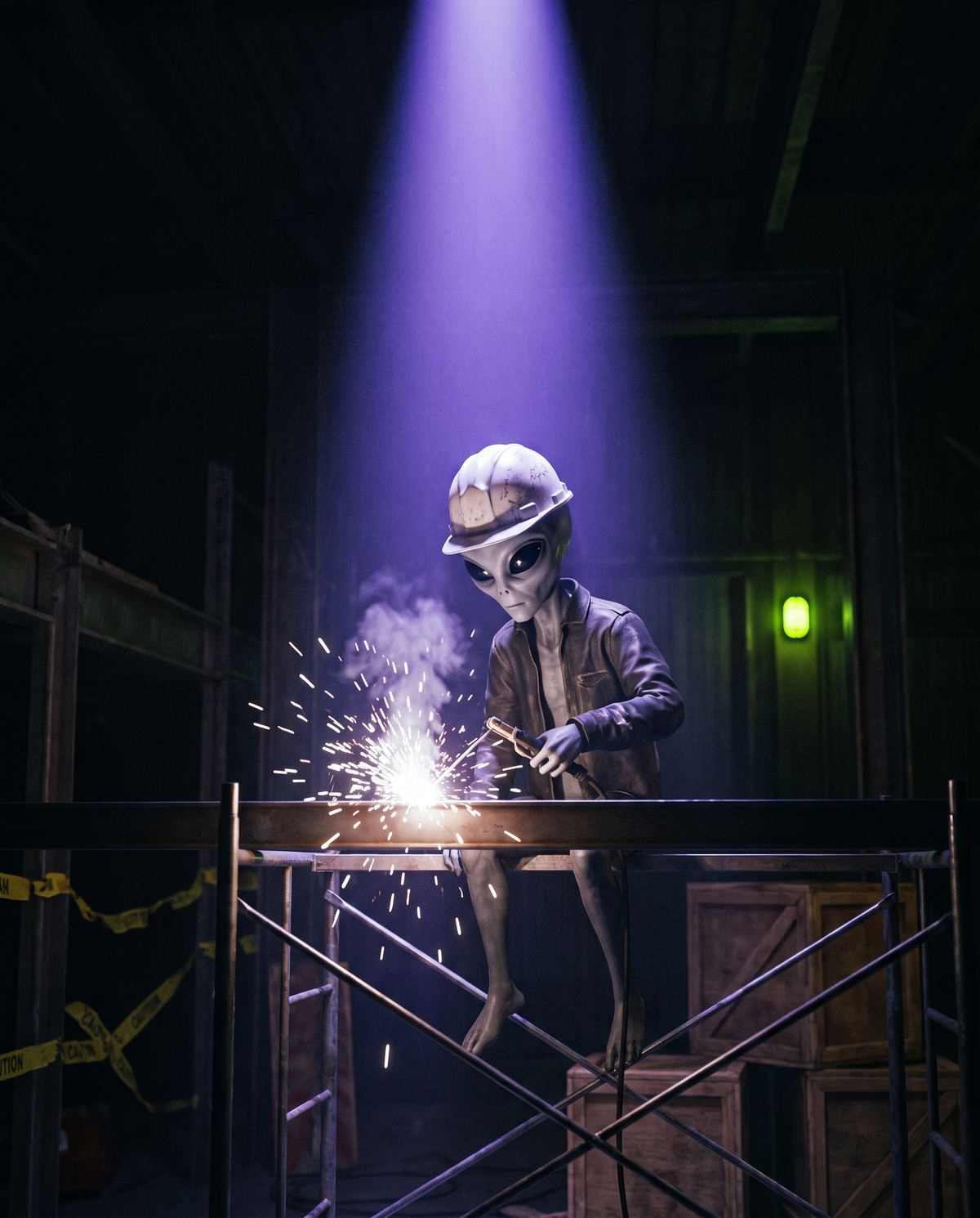 An alien in a hard hat welding steel scaffolding under a violet beam of light